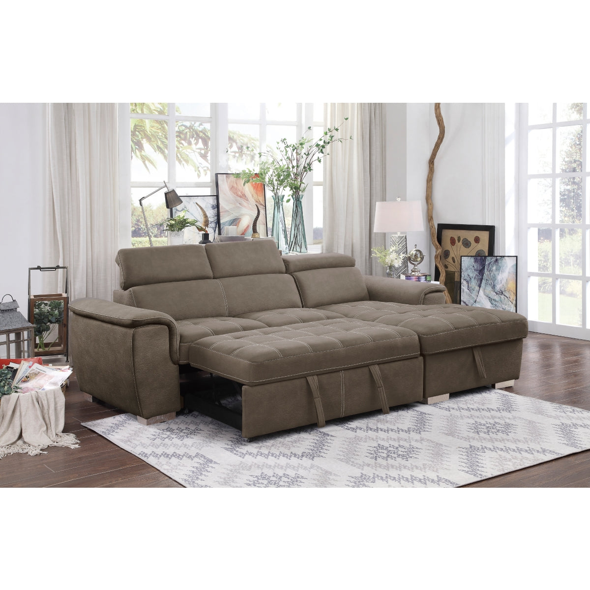 Ferriday 2-Piece Sectional with Adjustable Headrests, Pull-out Bed and Right Chaise with Hidden Storage
