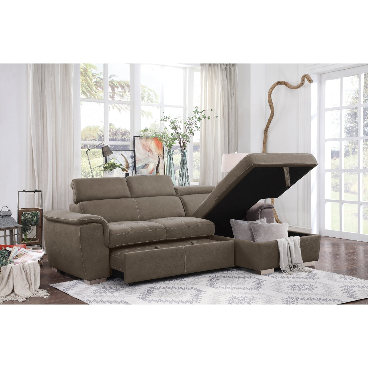 Ferriday 2-Piece Sectional with Adjustable Headrests, Pull-out Bed and Right Chaise with Hidden Storage