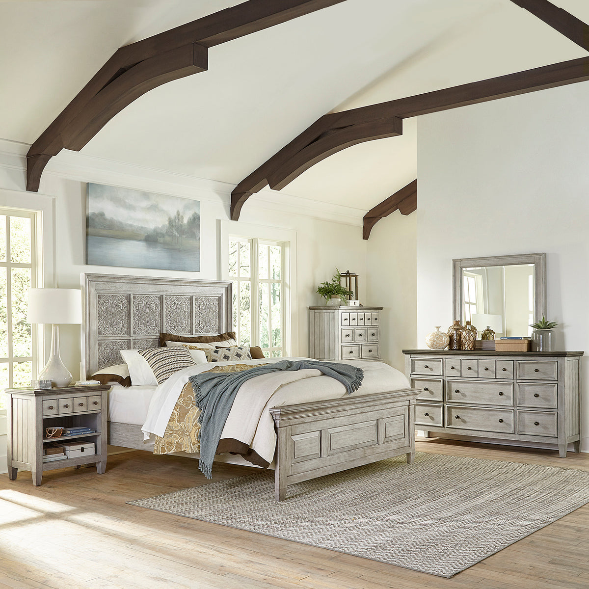 Heartland Opt Queen Panel Bed, Dresser & Mirror, Chest, Night Stand Bedroom Set