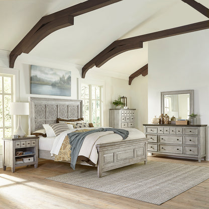 Heartland Opt Queen Panel Bed, Dresser & Mirror, Chest, Night Stand Bedroom Set