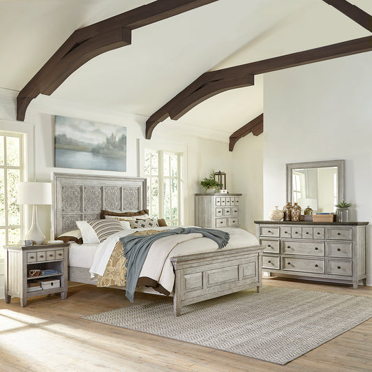 Heartland Opt Queen Panel Bed, Dresser & Mirror, Chest, Night Stand Bedroom Set