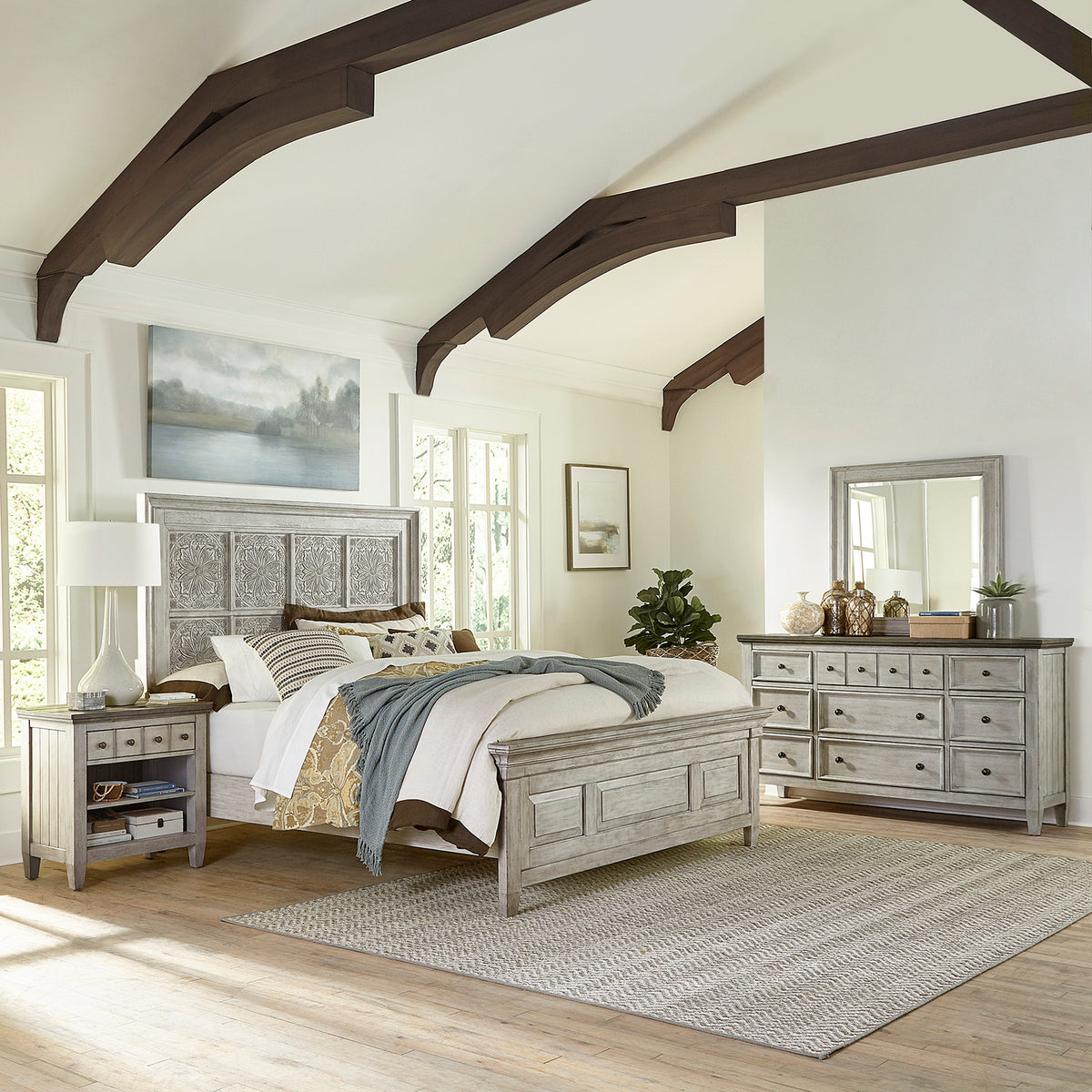 Heartland Opt Queen Panel Bed, Dresser & Mirror, Night Stand Bedroom Set
