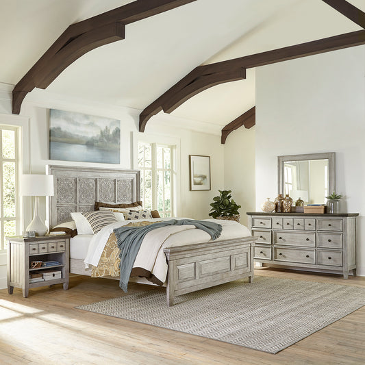 Heartland Opt Queen Panel Bed, Dresser & Mirror, Night Stand Bedroom Set