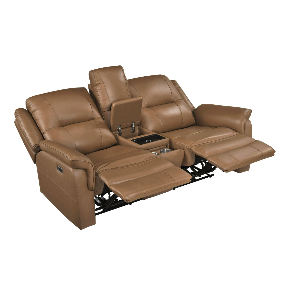 Haven Power Double Reclining Love Seat with Center Console, Hidden Arms Cup Holders, Charging Ports and Wireless Charger