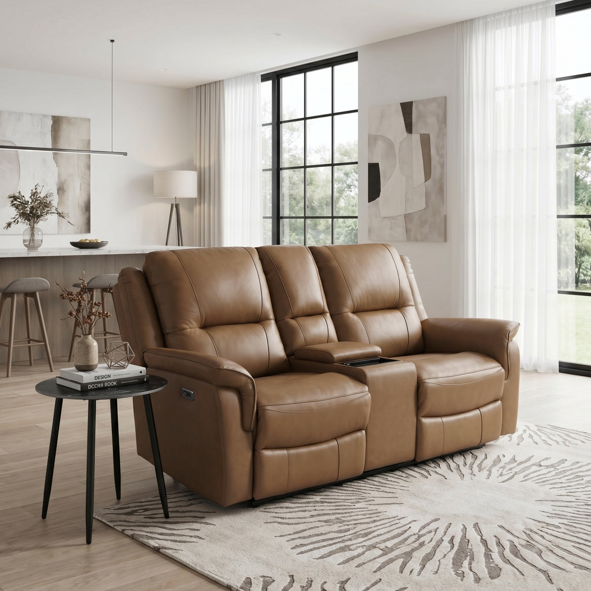 Haven Power Double Reclining Love Seat with Center Console, Hidden Arms Cup Holders, Charging Ports and Wireless Charger