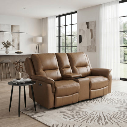 Haven Power Double Reclining Love Seat with Center Console, Hidden Arms Cup Holders, Charging Ports and Wireless Charger