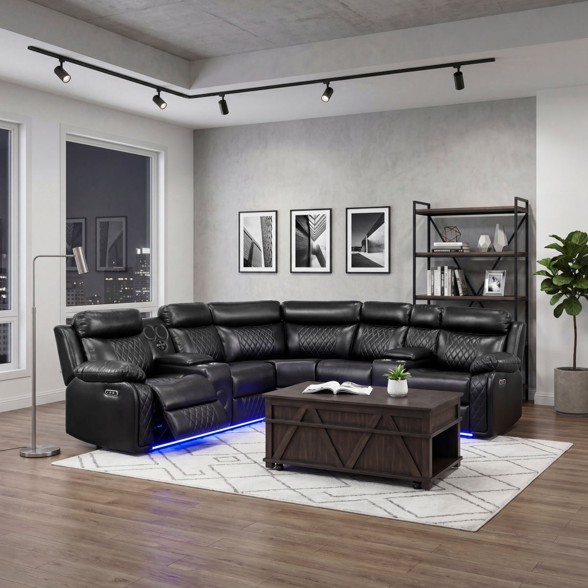 Cipher 3-Piece Power Reclining Sectional with Two Consoles, Speakers, Subwoofer, LED Lighting and Charging Port