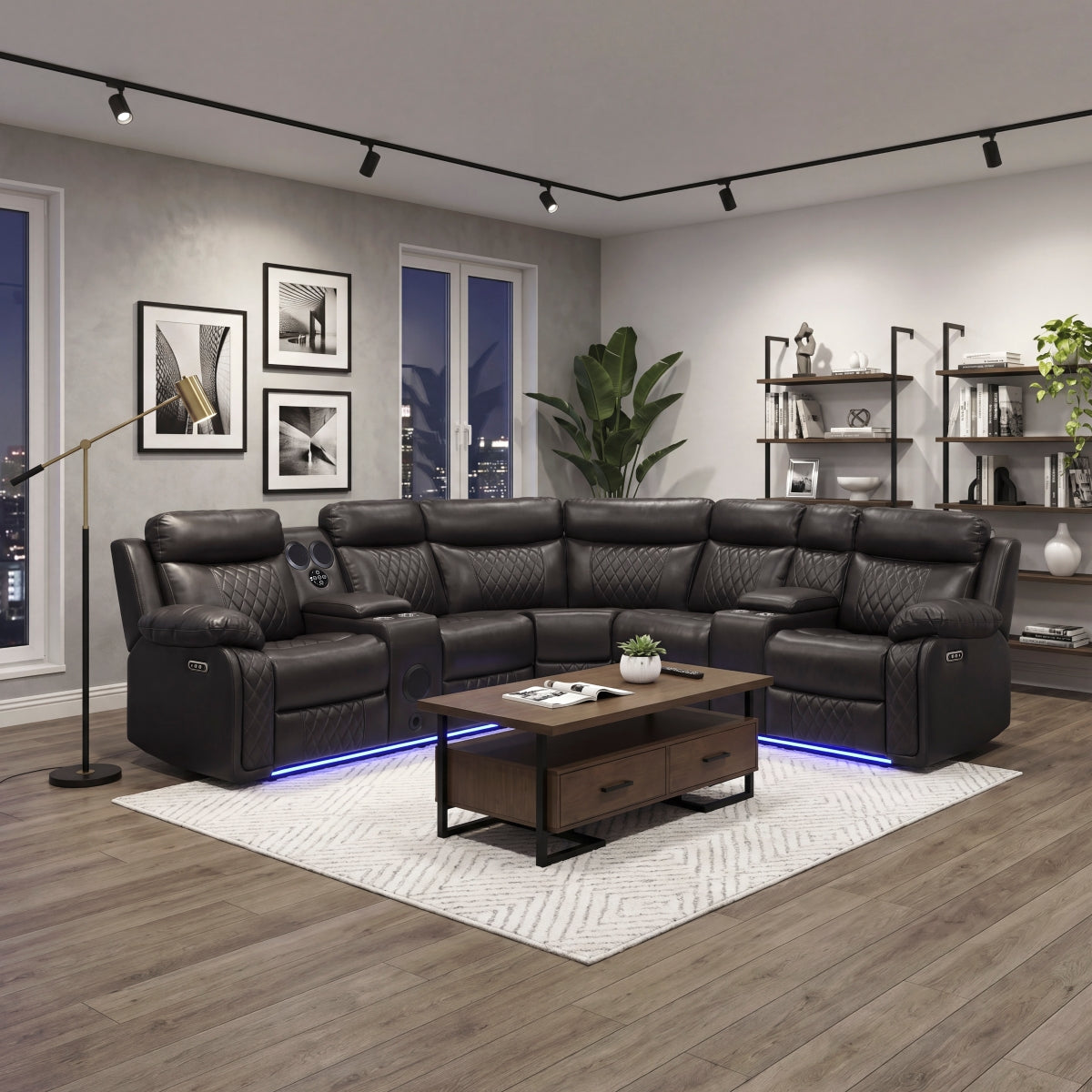 Cipher 3-Piece Power Reclining Sectional with Two Consoles, Speakers, Subwoofer, LED Lighting and Charging Port
