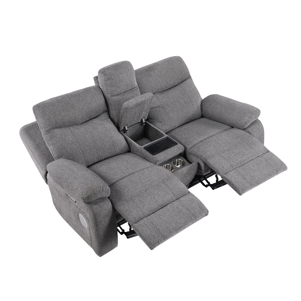 Centric Power Double Reclining Love Seat with Center Console, Power Headrests, Power Lumbar Support, Wireless Charger, Hidden Cup Holders, Bluetooth Speakers and Charging Ports