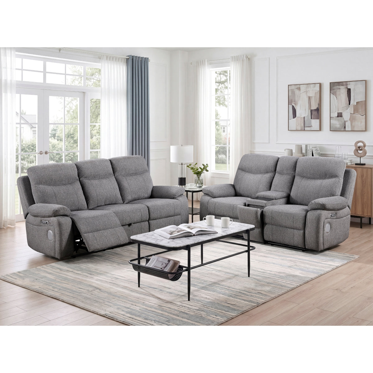 Centric Power Double Reclining Love Seat with Center Console, Power Headrests, Power Lumbar Support, Wireless Charger, Hidden Cup Holders, Bluetooth Speakers and Charging Ports