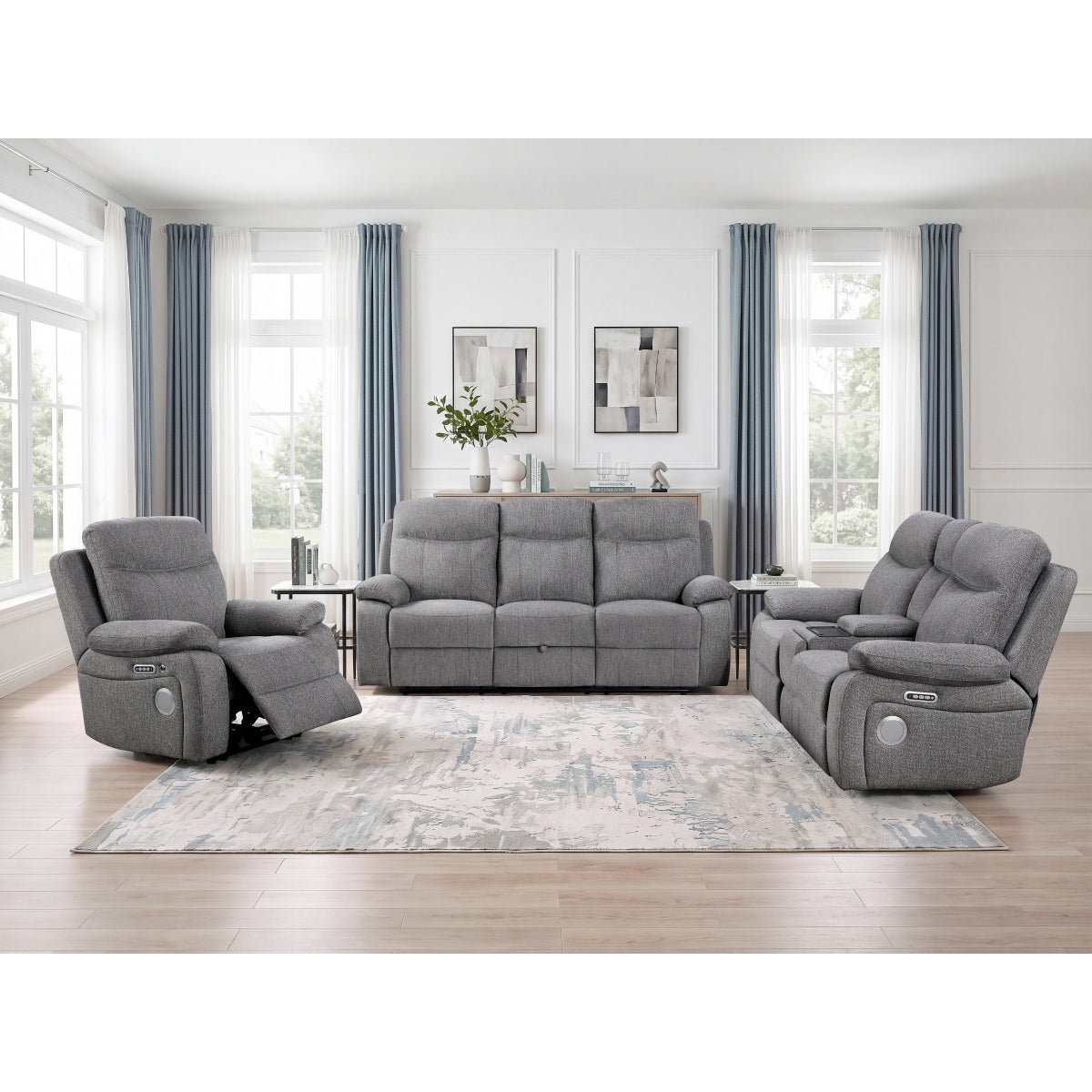 Centric Power Double Reclining Love Seat with Center Console, Power Headrests, Power Lumbar Support, Wireless Charger, Hidden Cup Holders, Bluetooth Speakers and Charging Ports
