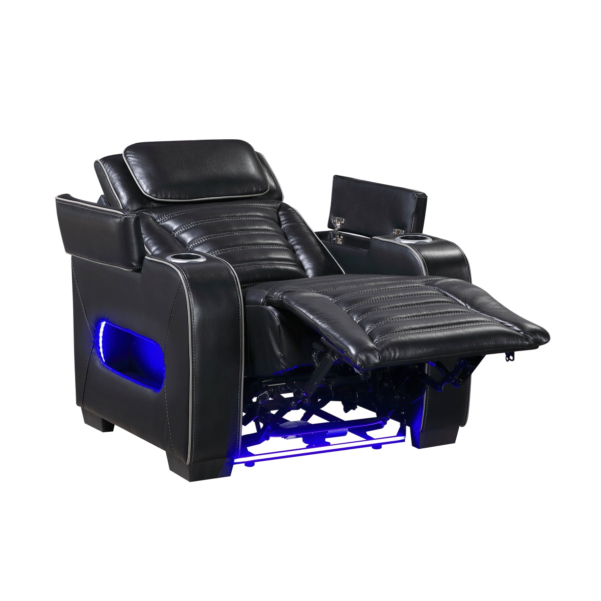 Cyber Power Reclining Chair with Power Headrest, Cup holder, Storage Arms(Top and Side), Air Massage, Heat, LED Lighting and Charging Ports