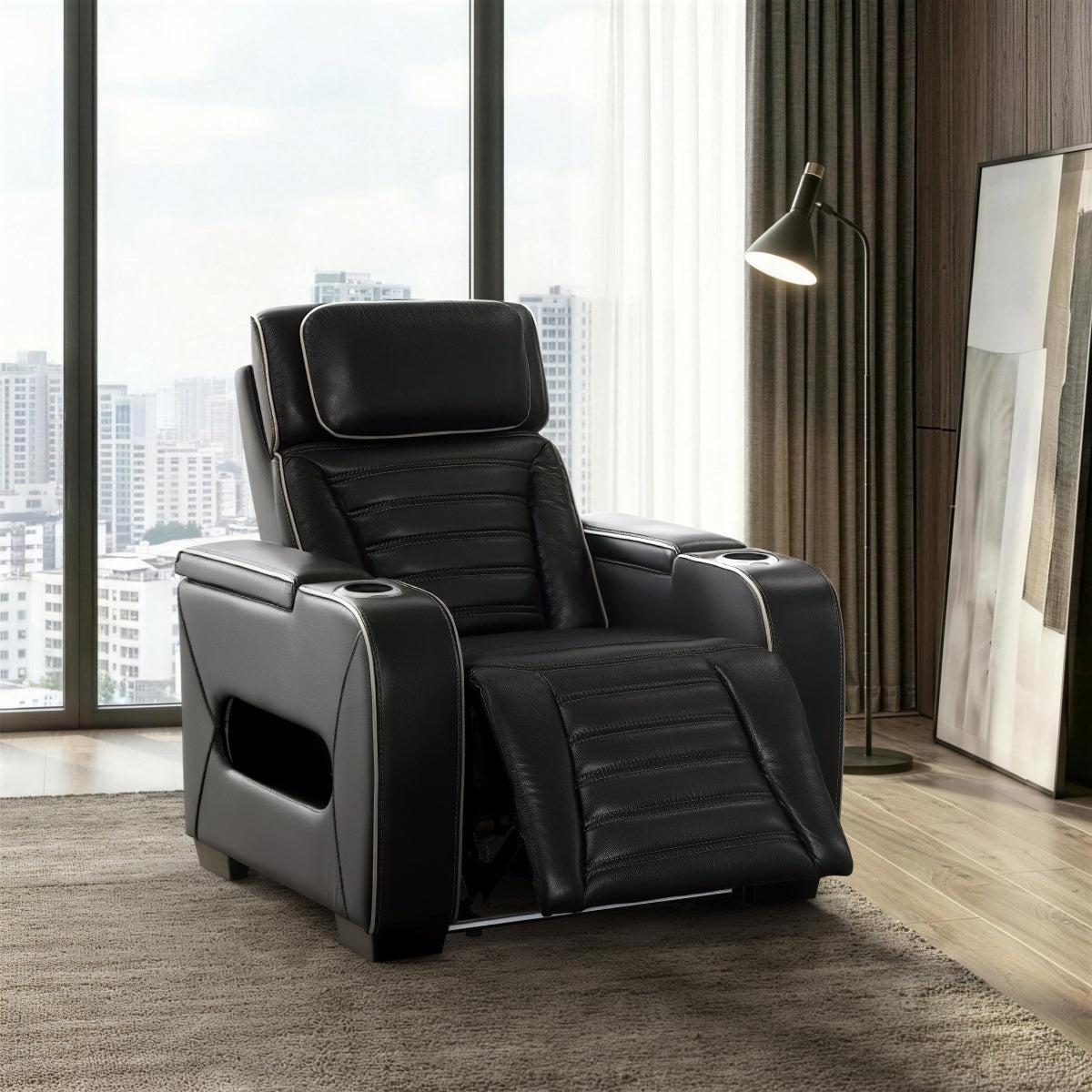 Cyber Power Reclining Chair with Power Headrest, Cup holder, Storage Arms(Top and Side), Air Massage, Heat, LED Lighting and Charging Ports