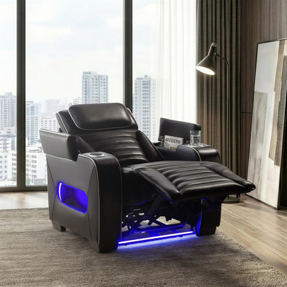 Cyber Power Reclining Chair with Power Headrest, Cup holder, Storage Arms(Top and Side), Air Massage, Heat, LED Lighting and Charging Ports