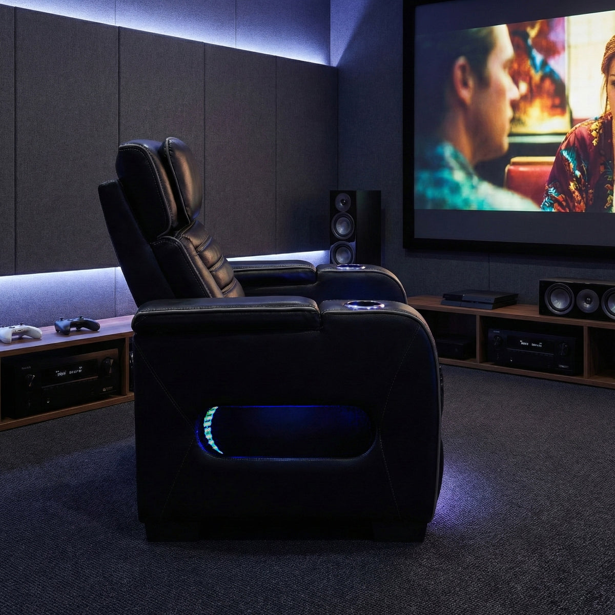 Cyber Power Reclining Chair with Power Headrest, Cup holder, Storage Arms(Top and Side), Air Massage, Heat, LED Lighting and Charging Ports