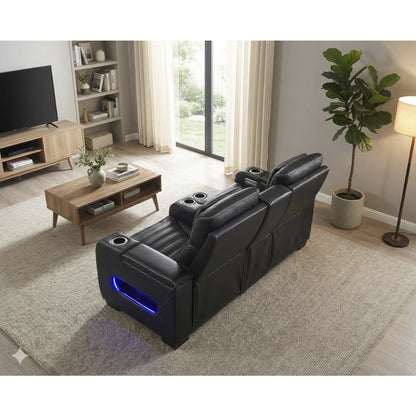 Cyber Power Double Reclining Love Seat with Center Console, Power Headrests, Storage Arms(Top and Side) ,Cup Holders, Wireless Speakers with Sub-Woofer, Air Massage, Heat, LED Lighting and Charging Ports