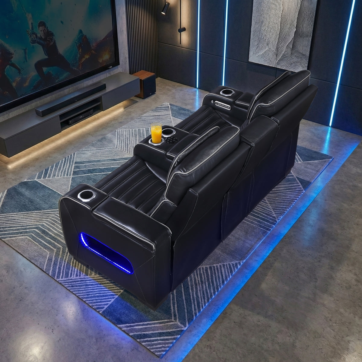 Cyber Power Double Reclining Love Seat with Center Console, Power Headrests, Storage Arms(Top and Side) ,Cup Holders, Wireless Speakers with Sub-Woofer, Air Massage, Heat, LED Lighting and Charging Ports