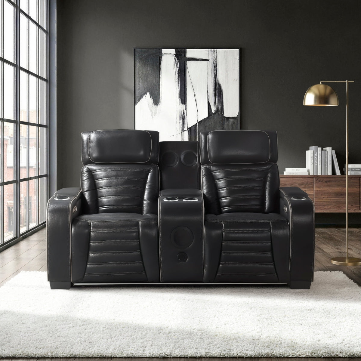Cyber Power Double Reclining Love Seat with Center Console, Power Headrests, Storage Arms(Top and Side) ,Cup Holders, Wireless Speakers with Sub-Woofer, Air Massage, Heat, LED Lighting and Charging Ports