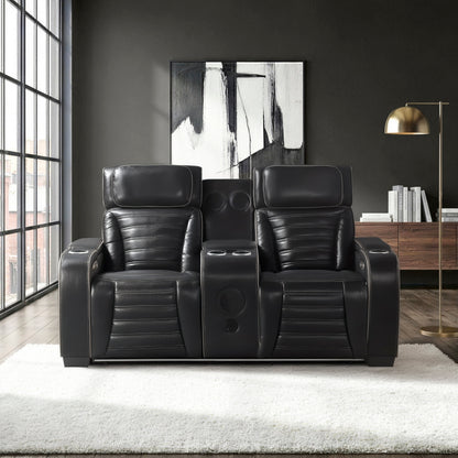 Cyber Power Double Reclining Love Seat with Center Console, Power Headrests, Storage Arms(Top and Side) ,Cup Holders, Wireless Speakers with Sub-Woofer, Air Massage, Heat, LED Lighting and Charging Ports