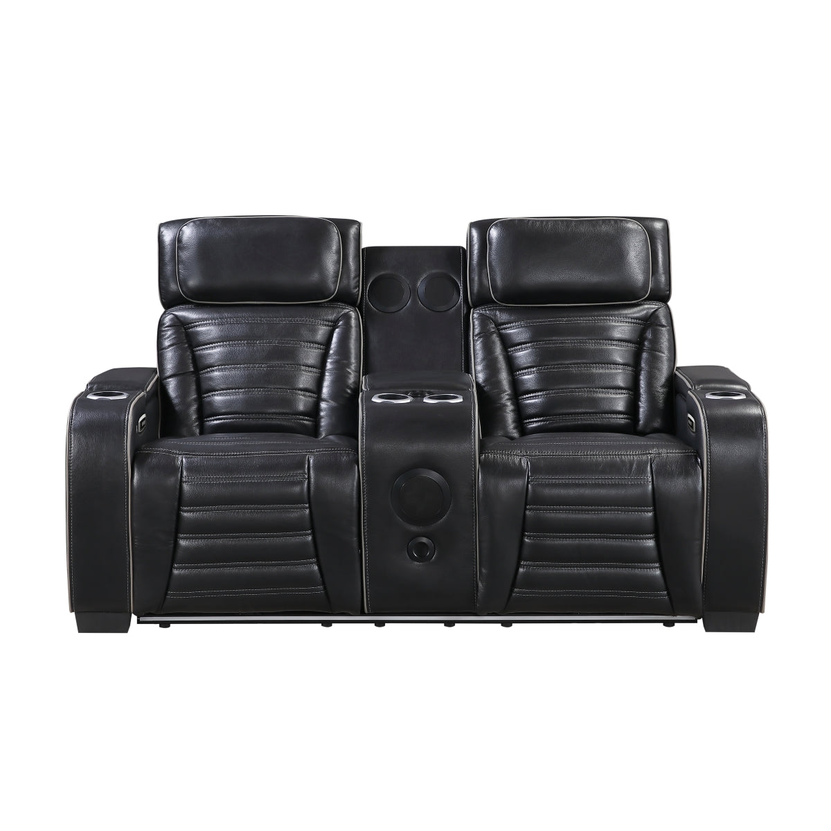 Cyber Power Double Reclining Love Seat with Center Console, Power Headrests, Storage Arms(Top and Side) ,Cup Holders, Wireless Speakers with Sub-Woofer, Air Massage, Heat, LED Lighting and Charging Ports