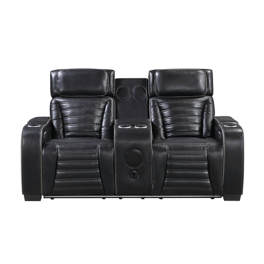 Cyber Power Double Reclining Love Seat with Center Console, Power Headrests, Storage Arms(Top and Side) ,Cup Holders, Wireless Speakers with Sub-Woofer, Air Massage, Heat, LED Lighting and Charging Ports