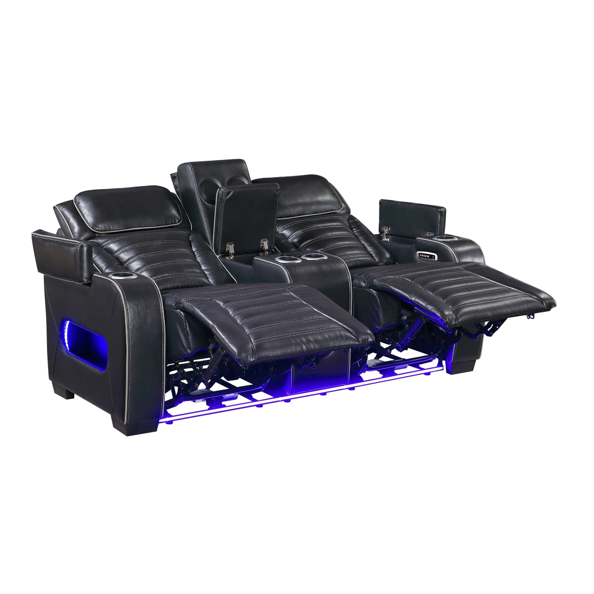 Cyber Power Double Reclining Love Seat with Center Console, Power Headrests, Storage Arms(Top and Side) ,Cup Holders, Wireless Speakers with Sub-Woofer, Air Massage, Heat, LED Lighting and Charging Ports