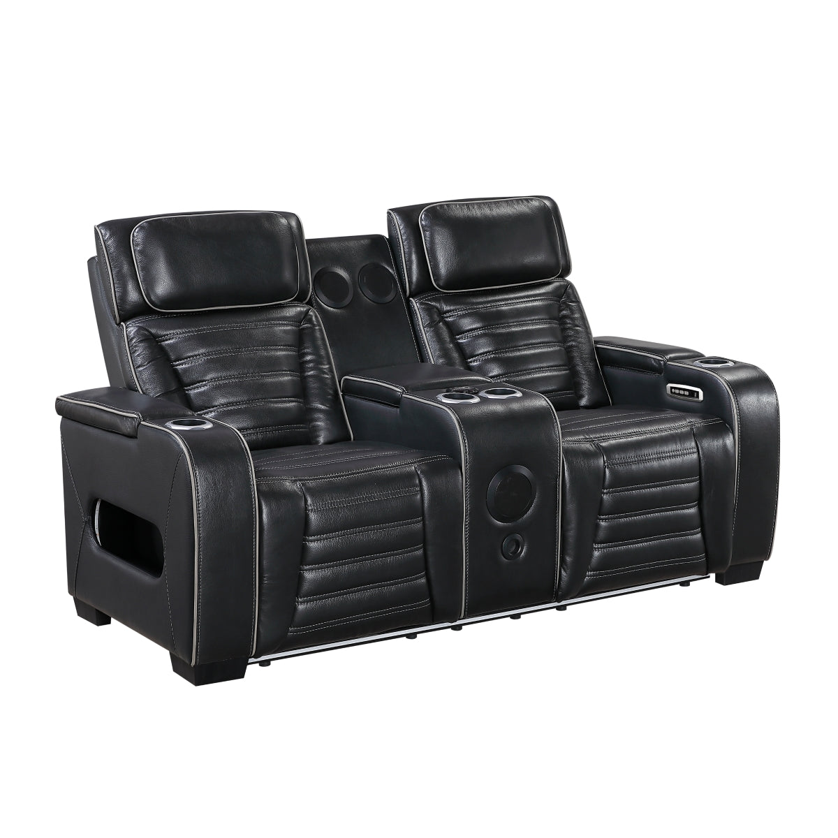 Cyber Power Double Reclining Love Seat with Center Console, Power Headrests, Storage Arms(Top and Side) ,Cup Holders, Wireless Speakers with Sub-Woofer, Air Massage, Heat, LED Lighting and Charging Ports