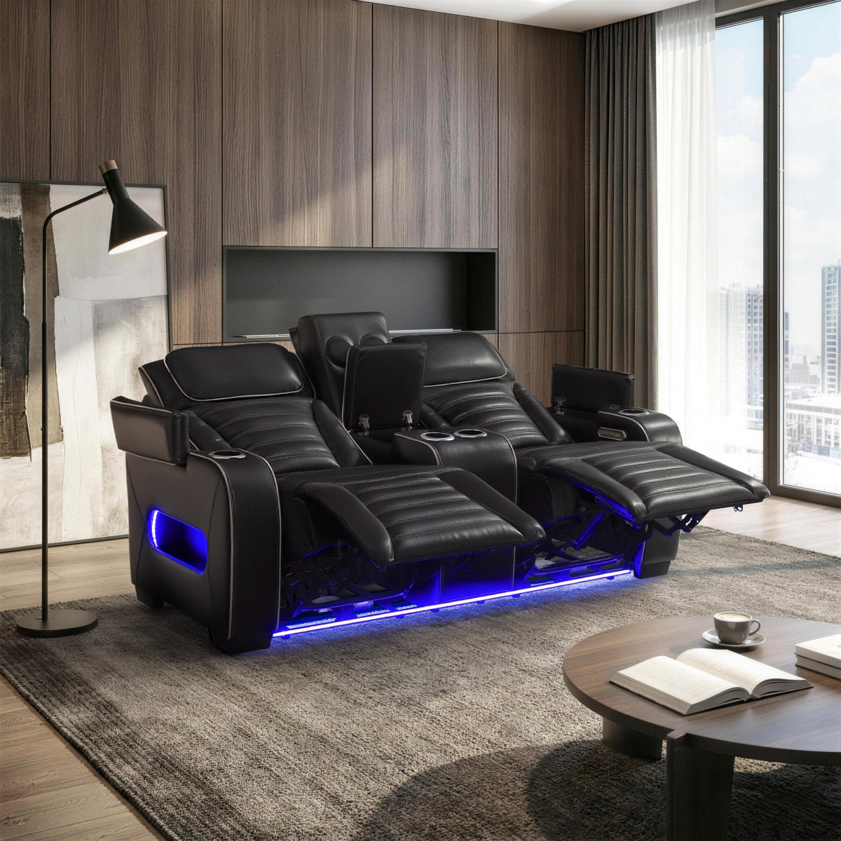 Cyber Power Double Reclining Love Seat with Center Console, Power Headrests, Storage Arms(Top and Side) ,Cup Holders, Wireless Speakers with Sub-Woofer, Air Massage, Heat, LED Lighting and Charging Ports