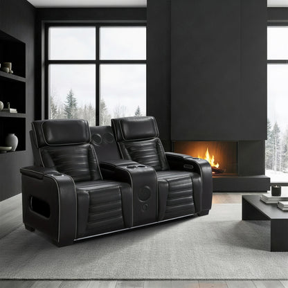 Cyber Power Double Reclining Love Seat with Center Console, Power Headrests, Storage Arms(Top and Side) ,Cup Holders, Wireless Speakers with Sub-Woofer, Air Massage, Heat, LED Lighting and Charging Ports