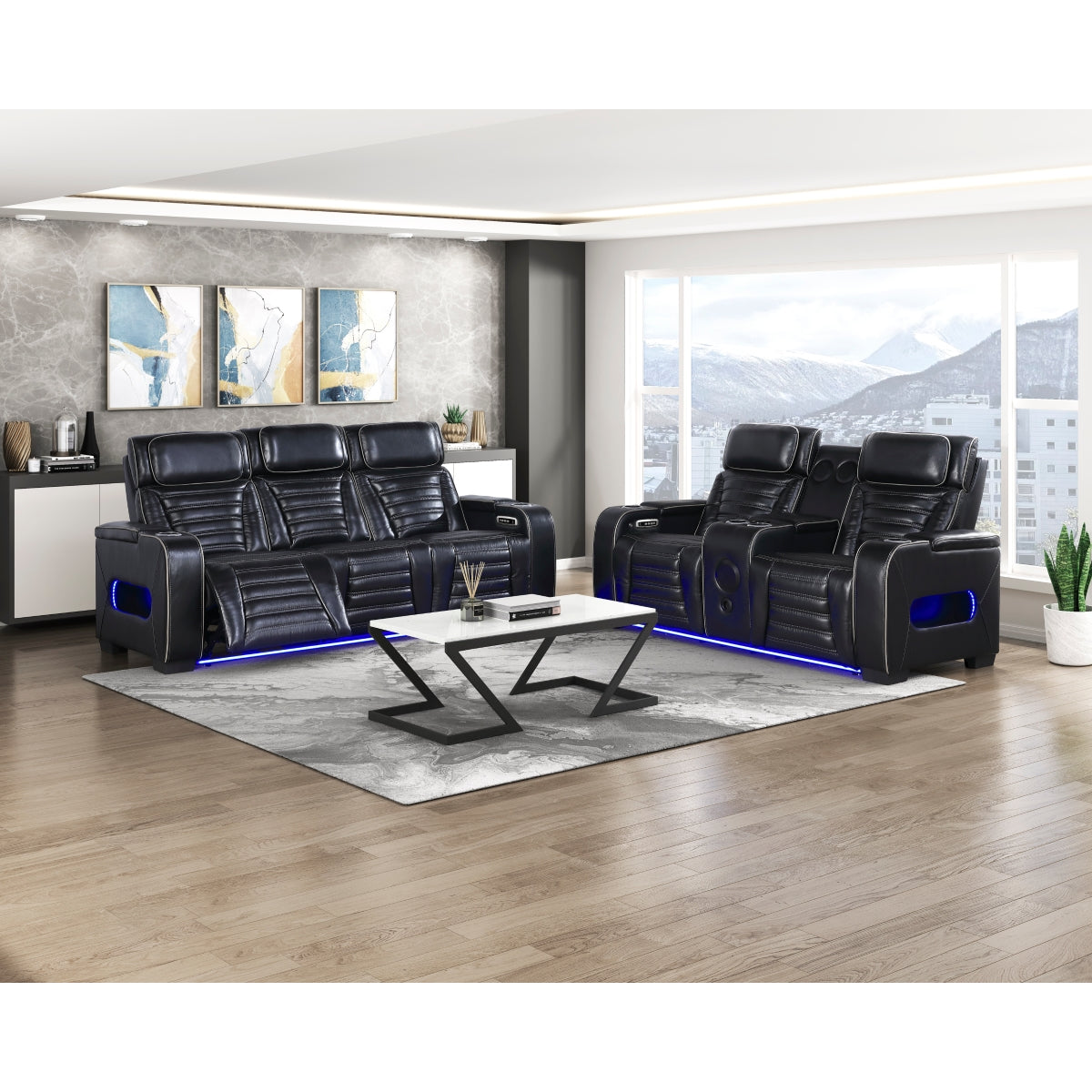 Cyber Power Double Reclining Love Seat with Center Console, Power Headrests, Storage Arms(Top and Side) ,Cup Holders, Wireless Speakers with Sub-Woofer, Air Massage, Heat, LED Lighting and Charging Ports