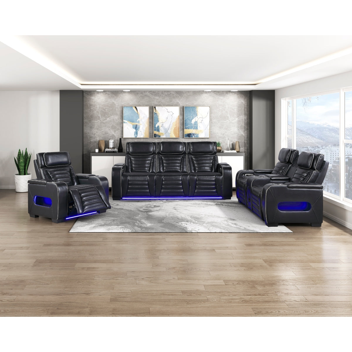 Cyber Power Double Reclining Sofa with Center Drop-Down Cup Holders, Power Headrests, Storage Arms(Top and Side) ,Cup holders, Reading Lights, Wireless Charger, Air Massage, Heat, LED Lighting and Charging Ports