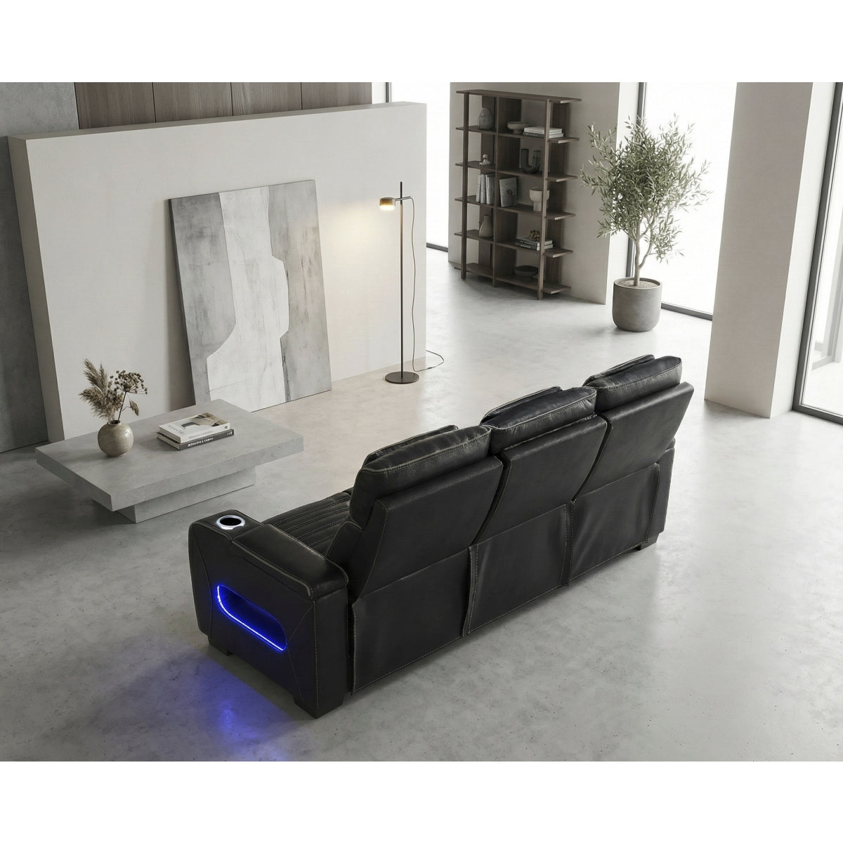 Cyber Power Double Reclining Sofa with Center Drop-Down Cup Holders, Power Headrests, Storage Arms(Top and Side) ,Cup holders, Reading Lights, Wireless Charger, Air Massage, Heat, LED Lighting and Charging Ports