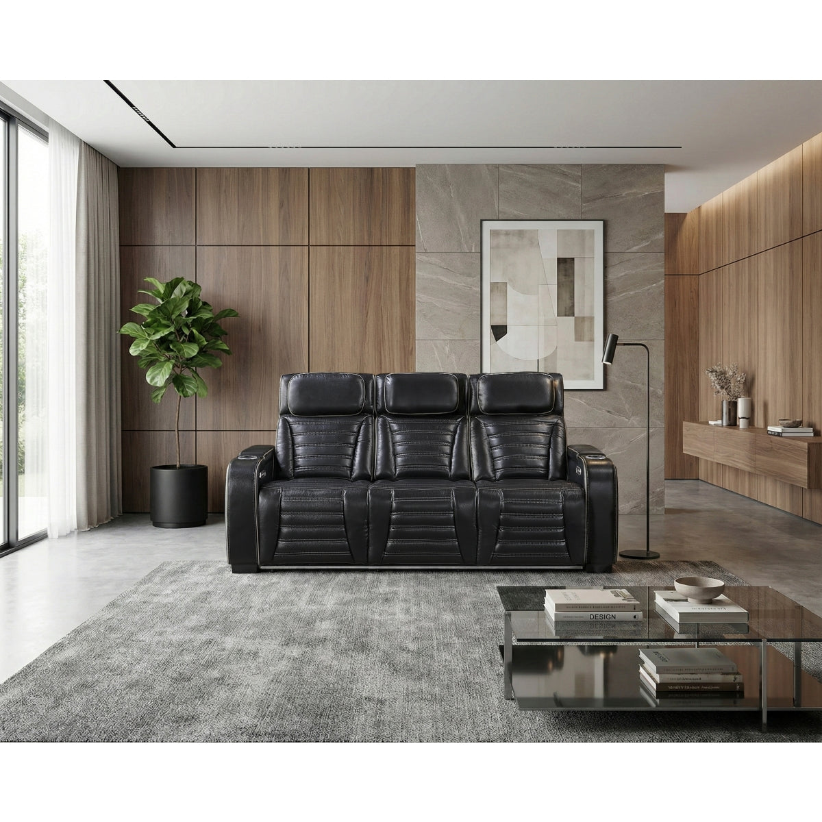 Cyber Power Double Reclining Sofa with Center Drop-Down Cup Holders, Power Headrests, Storage Arms(Top and Side) ,Cup holders, Reading Lights, Wireless Charger, Air Massage, Heat, LED Lighting and Charging Ports