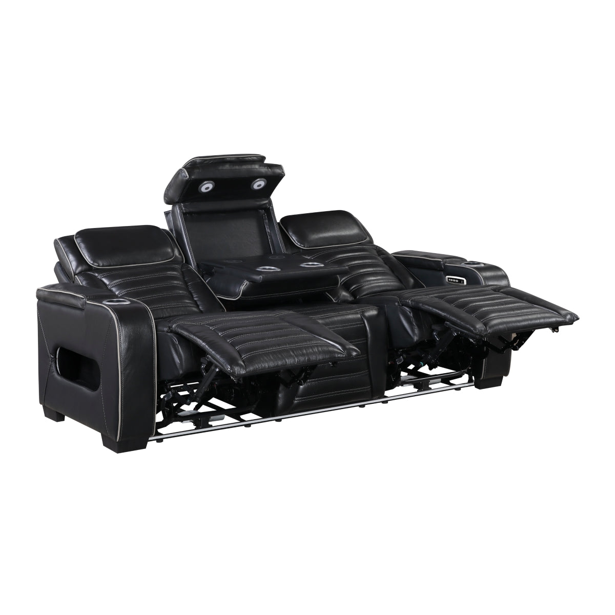 Cyber Power Double Reclining Sofa with Center Drop-Down Cup Holders, Power Headrests, Storage Arms(Top and Side) ,Cup holders, Reading Lights, Wireless Charger, Air Massage, Heat, LED Lighting and Charging Ports