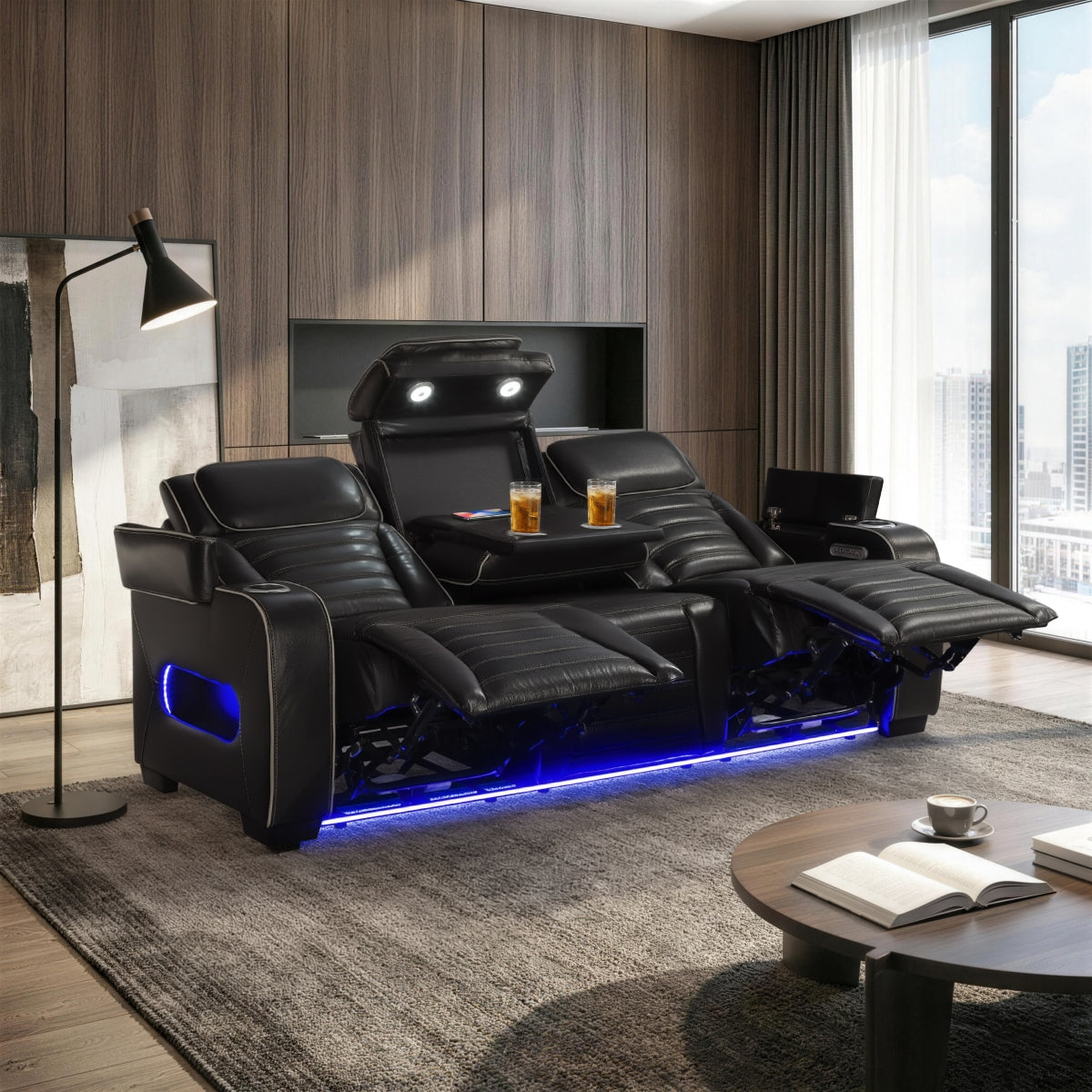 Cyber Power Double Reclining Sofa with Center Drop-Down Cup Holders, Power Headrests, Storage Arms(Top and Side) ,Cup holders, Reading Lights, Wireless Charger, Air Massage, Heat, LED Lighting and Charging Ports