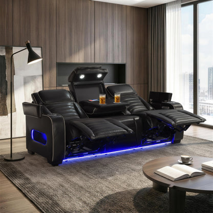 Cyber Power Double Reclining Sofa with Center Drop-Down Cup Holders, Power Headrests, Storage Arms(Top and Side) ,Cup holders, Reading Lights, Wireless Charger, Air Massage, Heat, LED Lighting and Charging Ports
