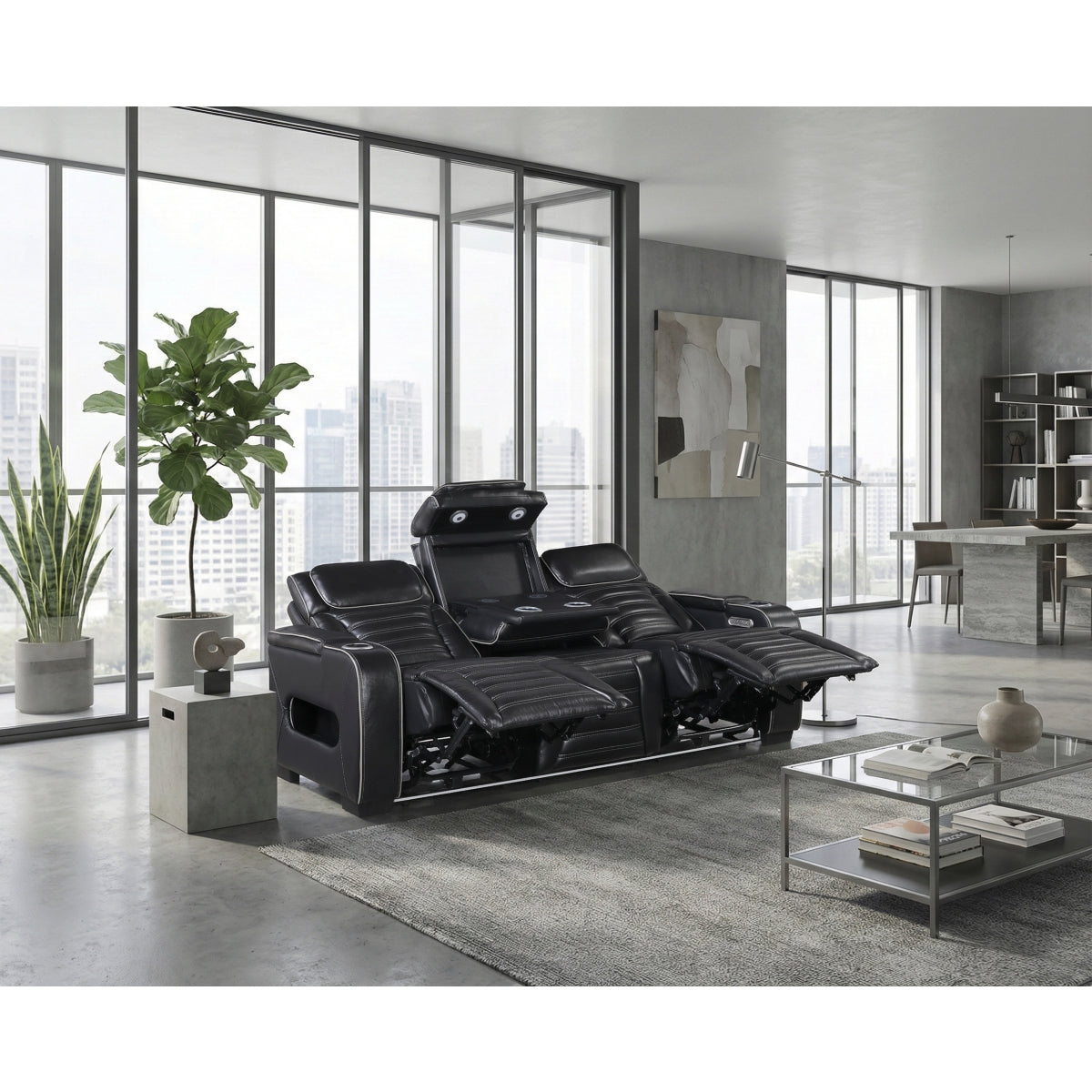 Cyber Power Double Reclining Sofa with Center Drop-Down Cup Holders, Power Headrests, Storage Arms(Top and Side) ,Cup holders, Reading Lights, Wireless Charger, Air Massage, Heat, LED Lighting and Charging Ports