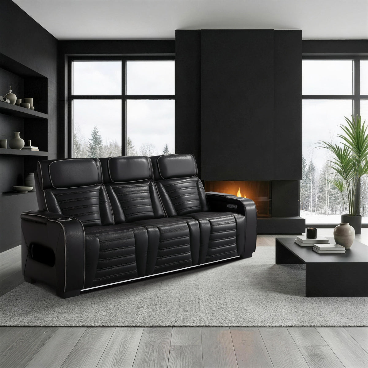 Cyber Power Double Reclining Sofa with Center Drop-Down Cup Holders, Power Headrests, Storage Arms(Top and Side) ,Cup holders, Reading Lights, Wireless Charger, Air Massage, Heat, LED Lighting and Charging Ports