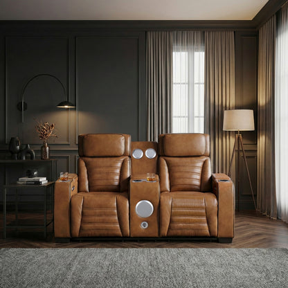 Cyber Power Double Reclining Love Seat with Center Console, Power Headrests, Storage Arms(Top and Side) ,Cup Holders, Wireless Speakers with Sub-Woofer, Air Massage, Heat, LED Lighting and Charging Ports