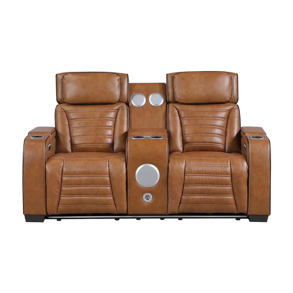 Cyber Power Double Reclining Love Seat with Center Console, Power Headrests, Storage Arms(Top and Side) ,Cup Holders, Wireless Speakers with Sub-Woofer, Air Massage, Heat, LED Lighting and Charging Ports