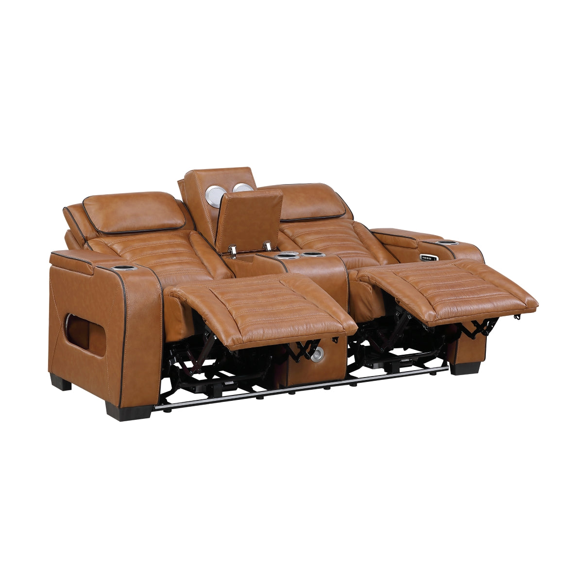 Cyber Power Double Reclining Love Seat with Center Console, Power Headrests, Storage Arms(Top and Side) ,Cup Holders, Wireless Speakers with Sub-Woofer, Air Massage, Heat, LED Lighting and Charging Ports
