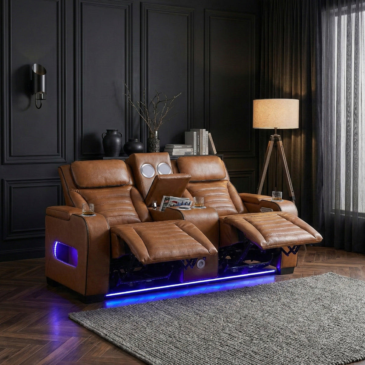 Cyber Power Double Reclining Love Seat with Center Console, Power Headrests, Storage Arms(Top and Side) ,Cup Holders, Wireless Speakers with Sub-Woofer, Air Massage, Heat, LED Lighting and Charging Ports