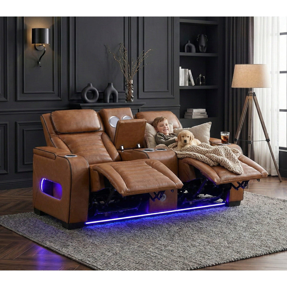 Cyber Power Double Reclining Love Seat with Center Console, Power Headrests, Storage Arms(Top and Side) ,Cup Holders, Wireless Speakers with Sub-Woofer, Air Massage, Heat, LED Lighting and Charging Ports