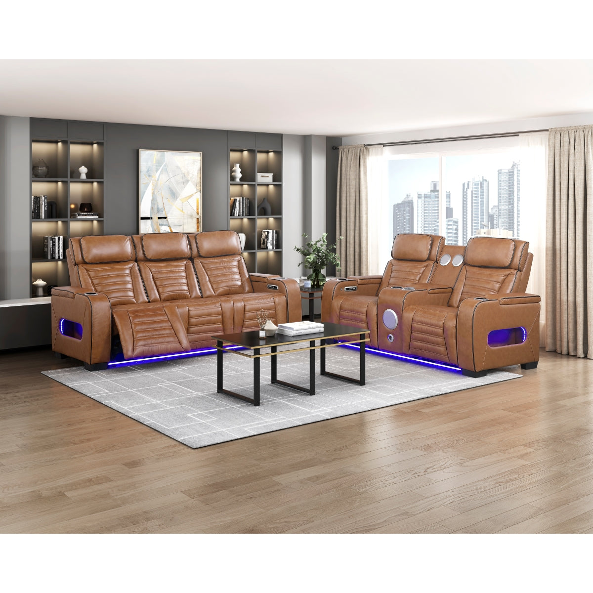 Cyber Power Double Reclining Love Seat with Center Console, Power Headrests, Storage Arms(Top and Side) ,Cup Holders, Wireless Speakers with Sub-Woofer, Air Massage, Heat, LED Lighting and Charging Ports