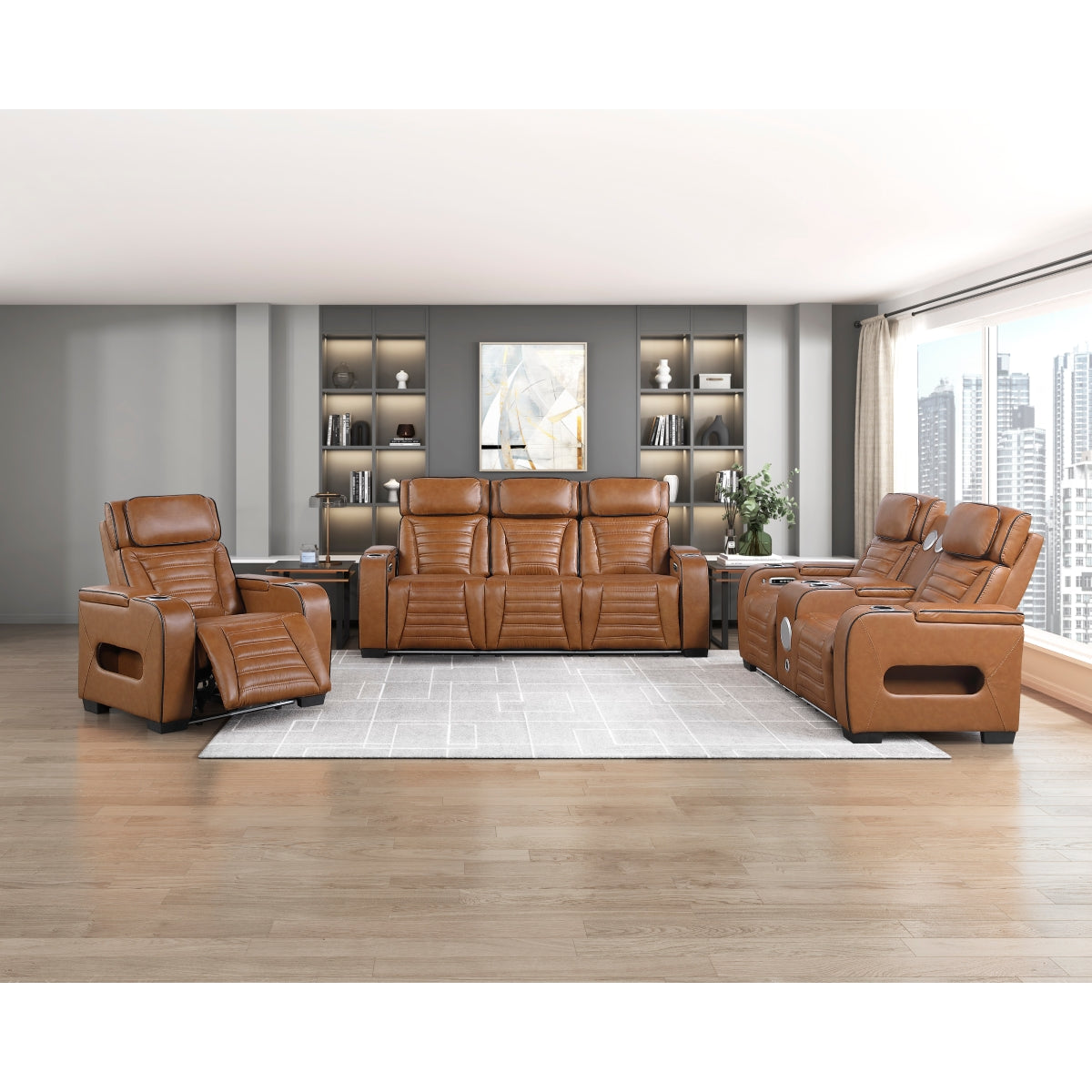 Cyber Power Double Reclining Love Seat with Center Console, Power Headrests, Storage Arms(Top and Side) ,Cup Holders, Wireless Speakers with Sub-Woofer, Air Massage, Heat, LED Lighting and Charging Ports