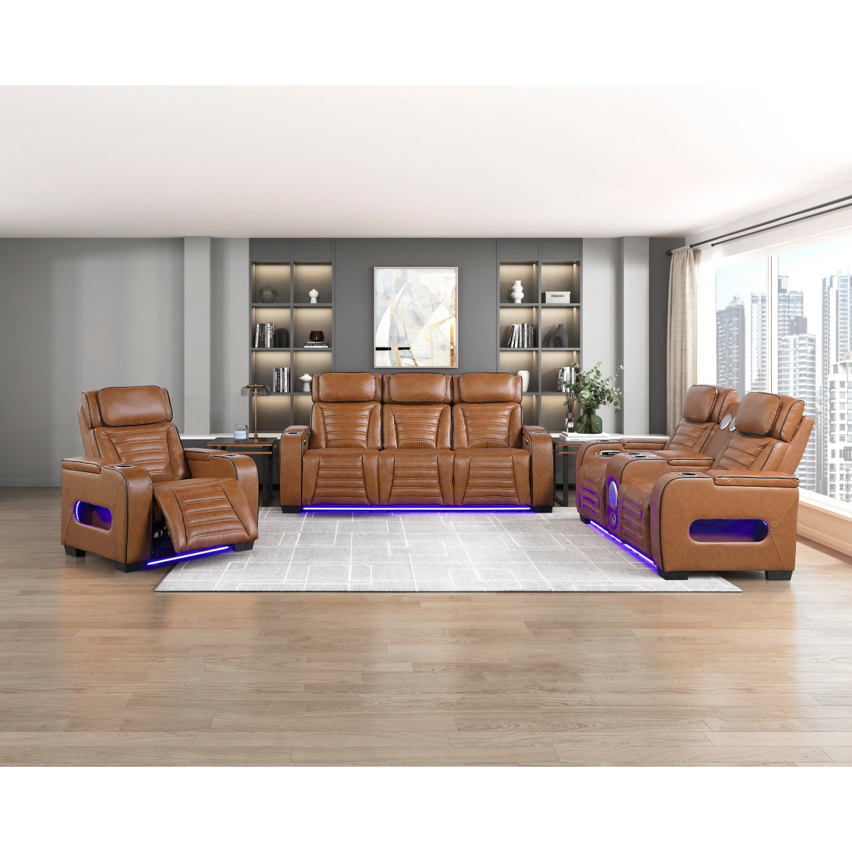 Cyber Power Double Reclining Love Seat with Center Console, Power Headrests, Storage Arms(Top and Side) ,Cup Holders, Wireless Speakers with Sub-Woofer, Air Massage, Heat, LED Lighting and Charging Ports