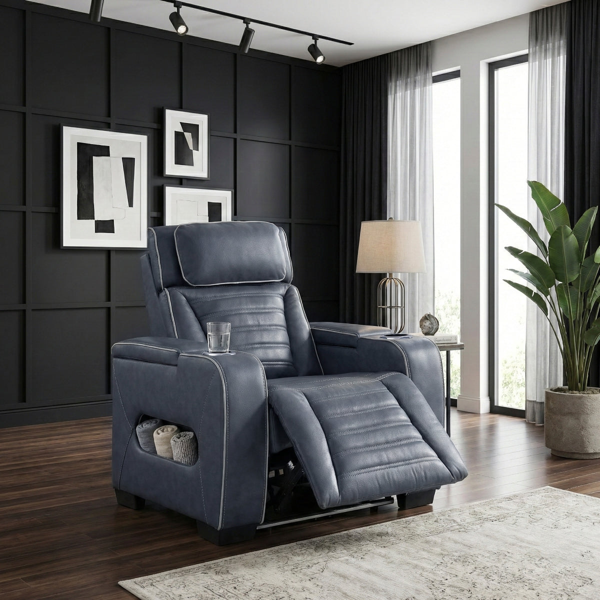 Cyber Power Reclining Chair with Power Headrest, Cup holder, Storage Arms(Top and Side), Air Massage, Heat, LED Lighting and Charging Ports