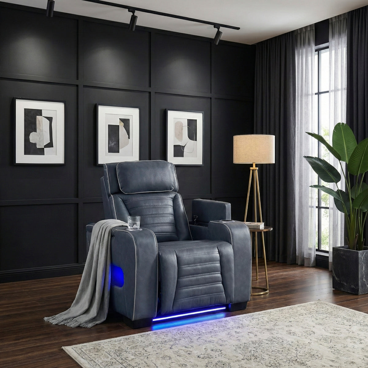 Cyber Power Reclining Chair with Power Headrest, Cup holder, Storage Arms(Top and Side), Air Massage, Heat, LED Lighting and Charging Ports