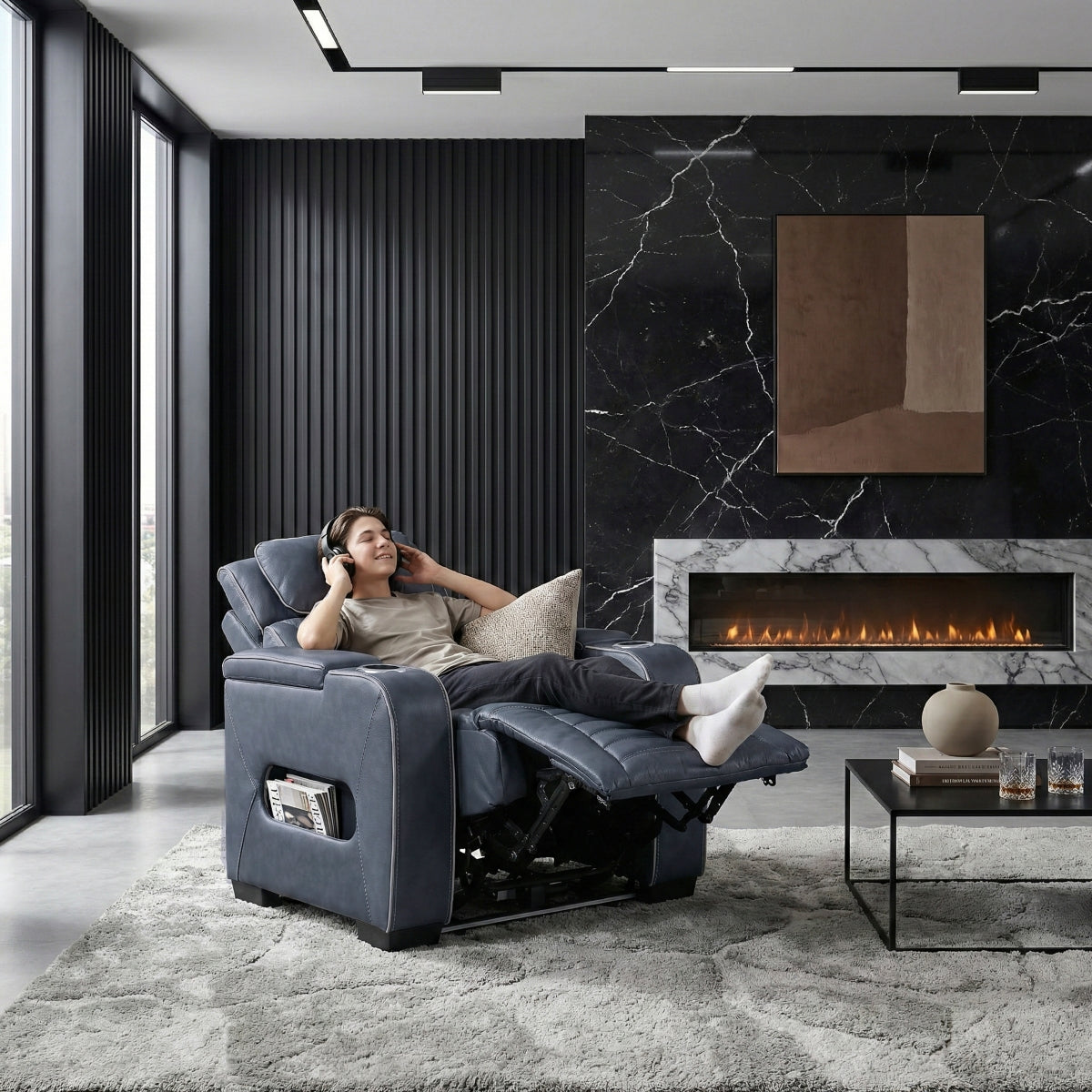 Cyber Power Reclining Chair with Power Headrest, Cup holder, Storage Arms(Top and Side), Air Massage, Heat, LED Lighting and Charging Ports