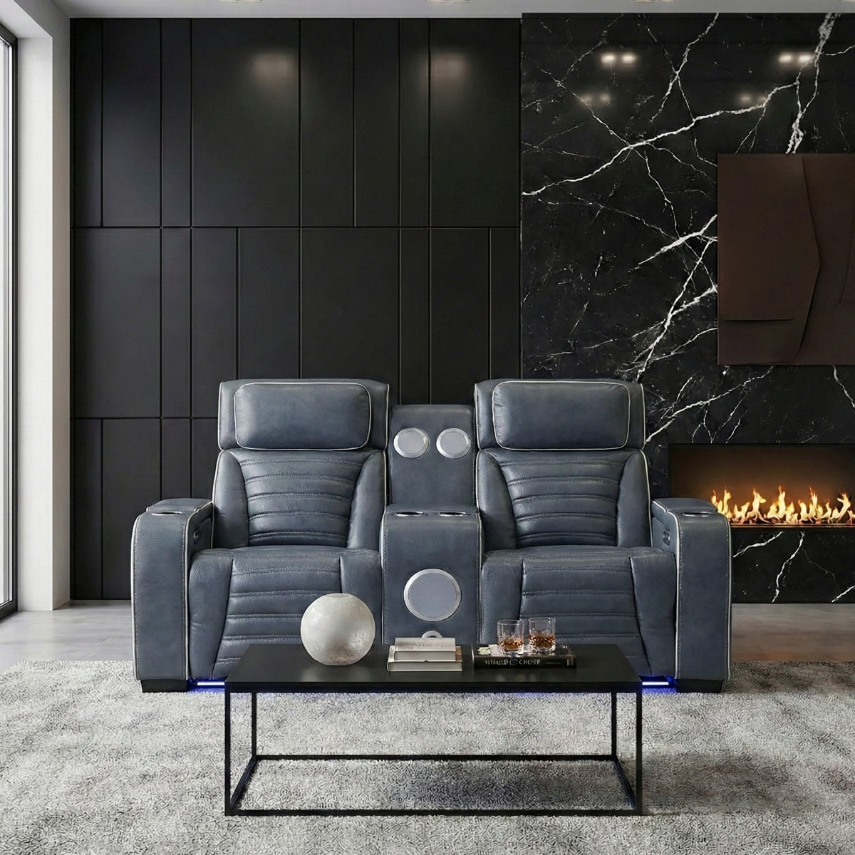 Cyber Power Double Reclining Love Seat with Center Console, Power Headrests, Storage Arms(Top and Side) ,Cup Holders, Wireless Speakers with Sub-Woofer, Air Massage, Heat, LED Lighting and Charging Ports